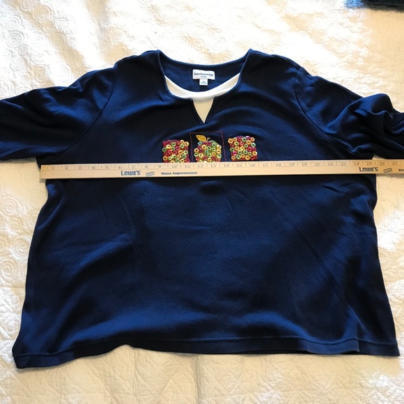 Breckenridge fall-themed long sleeved blue top with button apple design (2X) - Picture 7 of 16